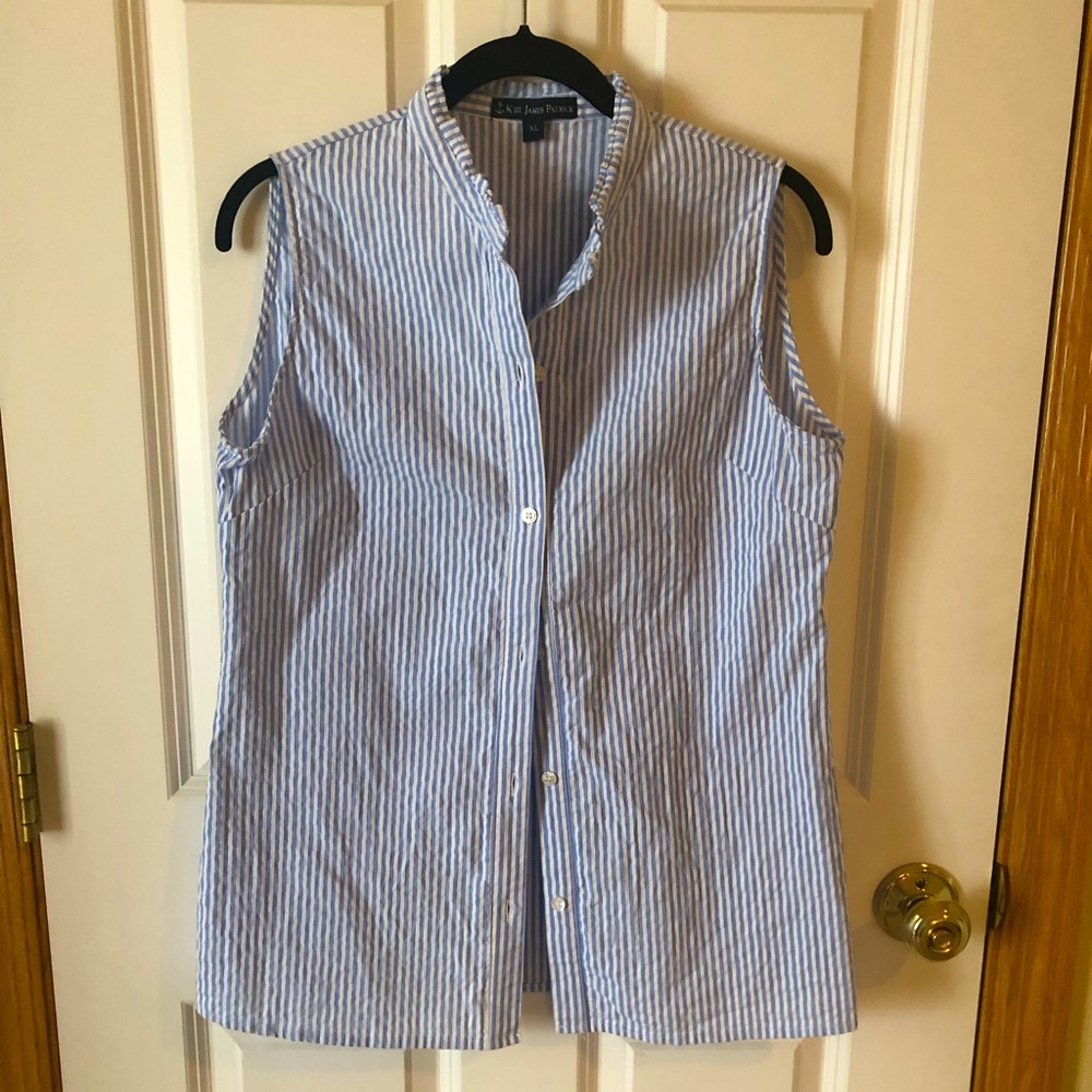 Kiel James Patrick Sleeveless Blue Striped Oxford Top Ruffle